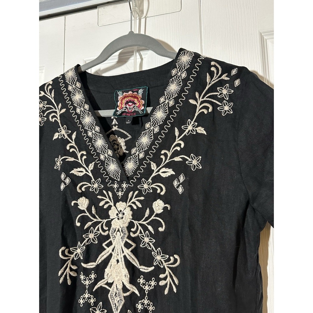 Johnny Was Taria Linen V-Neck Tunic Dress Women S Black Embroidered Boho - Picture 3 of 8